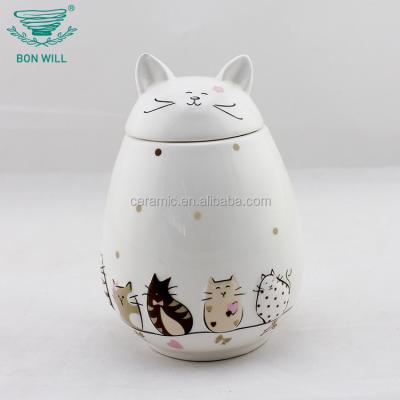 China Fashion Cartoon Cat Design Ceramic Viable Shape Kitchenware Canister In Brown Color for sale