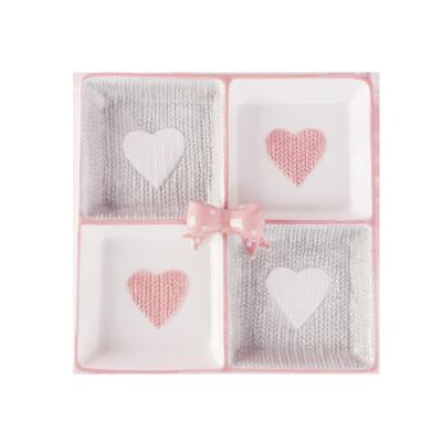 China Sustainable Cute Crochet Pink Gray Heart 4 Compartment Porcelain Hot Dish For Appetizer Dessert for sale