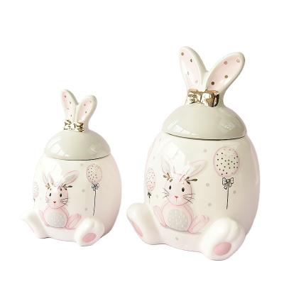 China Sustainable Dot Homemade Cookie and Biscuit Jars Bunny with Gold Bow Storage Bottles and Jars Ceramic Sustainable Support Group, Presents for sale