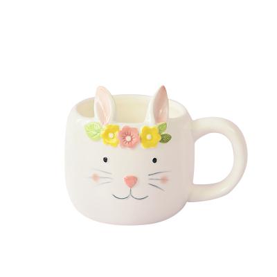 China Viable Rabbit With Rose Followers Laurel Wreath Ceramic Coffee Mug Decorate Bunny Rabbit Ears Cure for sale