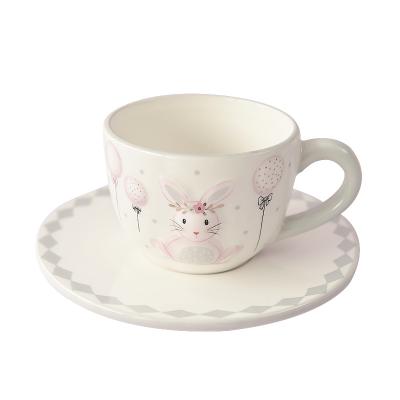 China Sustainable Bunny with Gold Laurel Wreath Ceramic Teacup Saucer Pink Easter Decorate Hot Air Balloon for sale