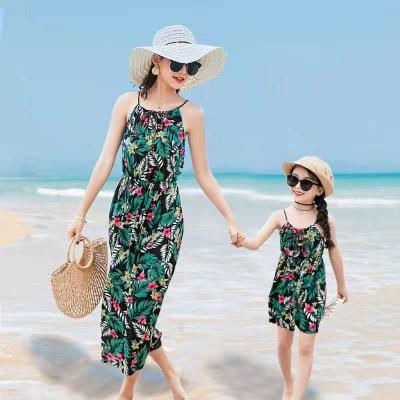 China New Anti-wrinkle 2021 Summer Family Clothing Set Mommy and Me Bohemian Print Women Girls Holiday Beach Maxi Dresses for sale