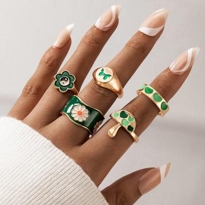 China Fashionable Hot Heart Yin Yang Ring Set 18K Gold INS Chunky Seal Ring Butterfly Rings Mushroom Flower For Women Summer Girl for sale