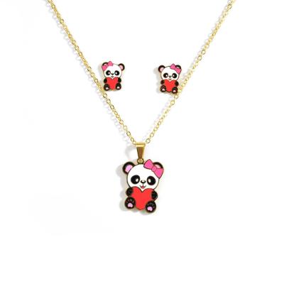 China Cute Anime Earrings Necklace Panda Earrings Necklace Stainless Steel Children Jewelry Heart Set For Valentine's Day for sale