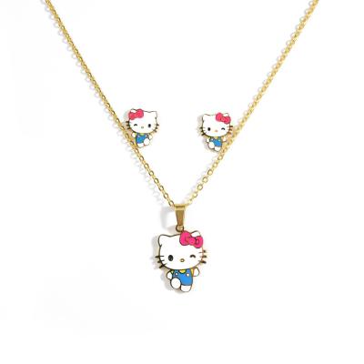 China Gold Cute Cute Holle Kitty Cat Necklace Kids Jewelry Stainless Steel Necklace Earrings Christmas Gift Sc For Girls for sale