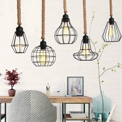 China Industrial Style Modern Metal Black Geometric Rope Pendant Lights Dining Room Home Decorative Indoor Pendant Lamps for sale