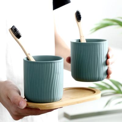 China Couples Drinking Water Toothbrush Eco-Friendly Ceramic Mug Wash Mouth Tummber Mug With Bamboo Tray Lid Gift for sale