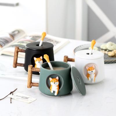 China 3D Viable Animal Cartoon Shiba Inu Face Ceramic Mug With Lid And Spoon Coffee Mug for sale