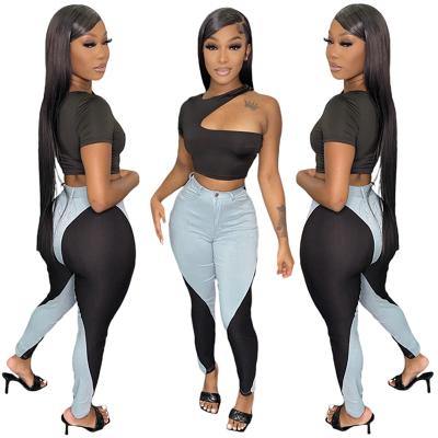 China Breathable Fashionable Sexy Short Sleeve Crop Top 2 Piece T-Shirt Set One Shoulder High Waist Pleated Mesh Women Pants Two Piece Set for sale