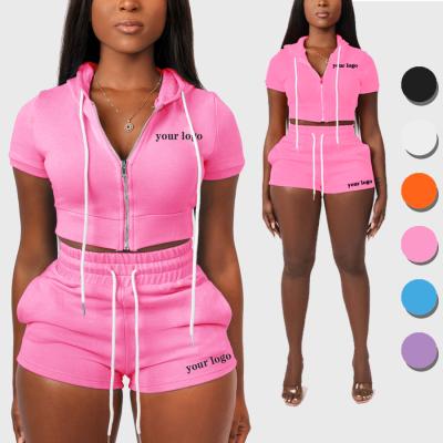 China Anti-pilling Women's Custom Logo Hoodie Short Set Women's Two-Piece Zipper Up Hooded Crop Hoodie Top Sweatshirt and Sweat Shorts for sale