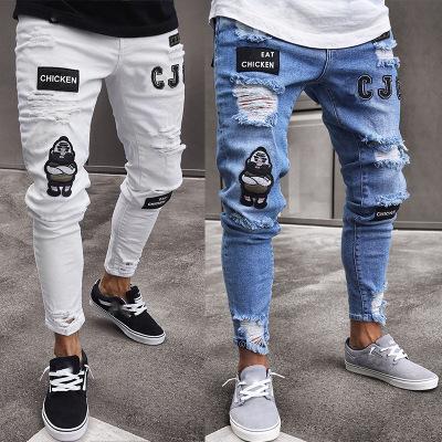 China Europea patch jeans 2021 viable high wist mens tapered wrinkle fashion denim pants for sale