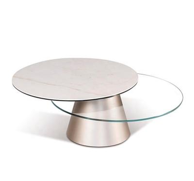 China Convertible Modern Synchronized Rotating Top Ceramic Glass Tops Painted Steel Base Extending Ceramic Coffee Table for sale