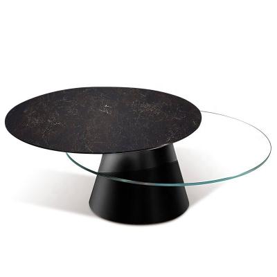 China Convertible 2 Sync Rotation Round Lids Black Steel Base Ceramic And Glass Expanding Coffee Table for sale