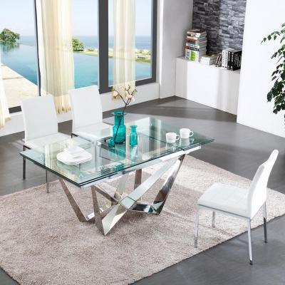 China Modern Modern Furniture Tempered Glass Top Dining Table With Stainless Steel Table Leg for sale