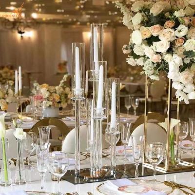 China Tall clear crystal glass candelabra wedding reception base modern table candle holder round glass tubes decorations for sale for sale