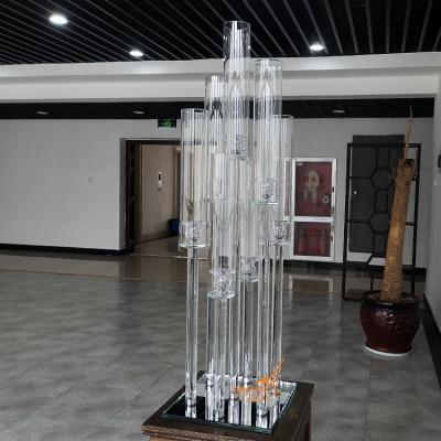 China Wholesale Clear Crystal Tall 7 Arm Candle Holder Glass Tubes Candelabra Weddings Popular Table Centerpieces for sale