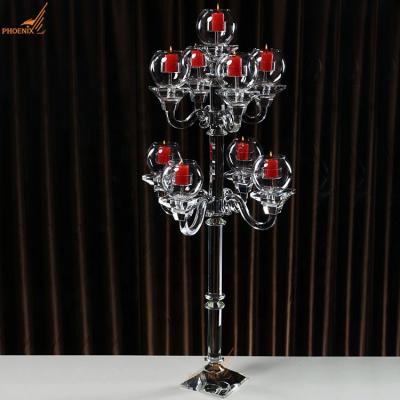 China Event Party Supplies Crystal Glass Candelabra 9 Arms Tall Elegant Wedding Centerpiece Table Decoration Wholesale for sale