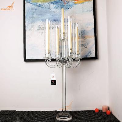 China Weddings 95cm Tall Glass Tubes Crystal Candelabras 5 Arm Candle Holders For Wedding Centerpieces Wholesale for sale