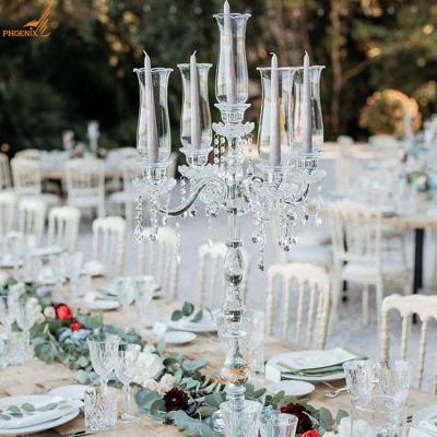 China Weddings Wedding Centerpieces 5 Crystal Arms / Home Decorations Luxury Tall Clear Glass Hurricane Candelabra For Sale for sale