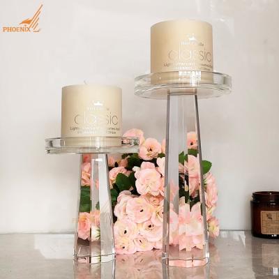 China Cheap Clear Wedding Crystal Pillar Candlestick Holder Modern Christmas Home Decoration Table Arrangement Set of 2 for sale