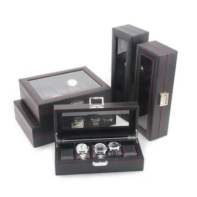 China Recyclable High End Popular Black Leather Watch Storage Box Carbon Fiber Watch Box Packaging for sale