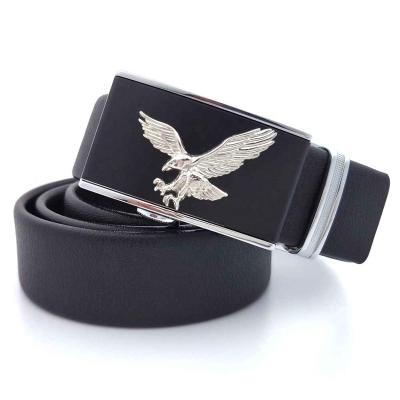 China Automatic Buckle Black Custom Designed Leather Belt Genuine Leather Metal Buckle Men Belt With Eagle Embossed Buckle for sale