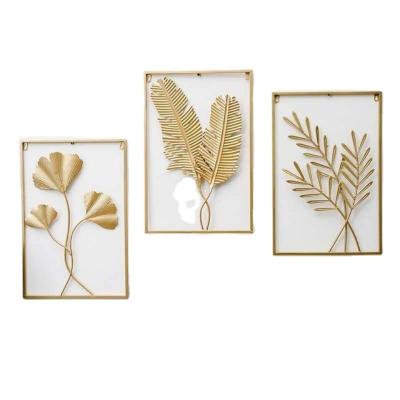 China Modern HD005 Gold Metal Wall Art Rectangle Living Room Wall Home Decor 3 Panels Leaf Metal Wall Art for sale