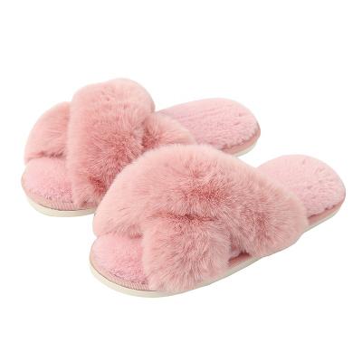 China Autumn And Winter Women Floor Slider Fashionable Large Size Indoor Open-Toe Crossed Faux Rabbit Fur Warm Slippers for sale