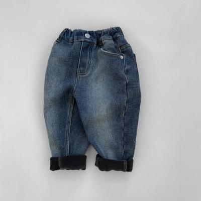 China Wholesale Breathable Fleece Striping Blue Jeans Pants For 1-8 Years Kids Boys Denim Pants Baby Boy Jeans Korea Winter Carrot Pants for sale