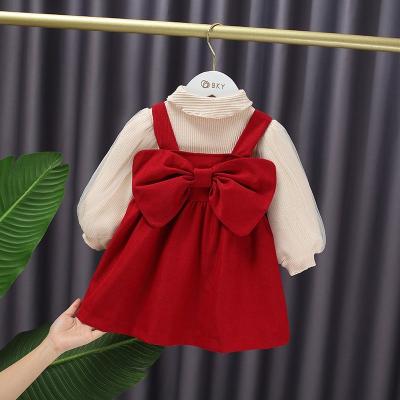 China Girls Winter Casual Clothes Long Sleeve T-shirt Skirt 2Pcs Clothing Suit Bow Baby Set Outfits For Kids Girls Basic Clothes Thick Dress for sale