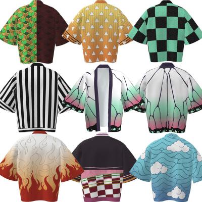 China Polyester Demon Slayer Kamado Tanjirou Kimetsu Coat No Yaiba Kamado Tanjirou Kimono Long Robe Adult Kids Halloween Cosplay Costume for sale