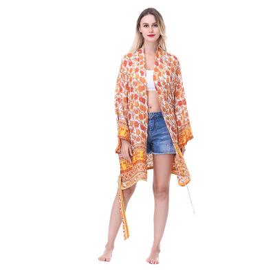 China Breathable Bohemian Print Beach Cover Up Long Sleeves Loose Fit Casual Dress Front Soft Short Kimono Open Beach Cardigans for sale