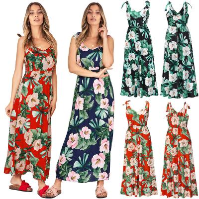 China L149 Women's Sleeveless V-Neckline Anti-Static Tie Up Spaghetti Strap Beach Boho Tropical Summer Maxi Dress for sale