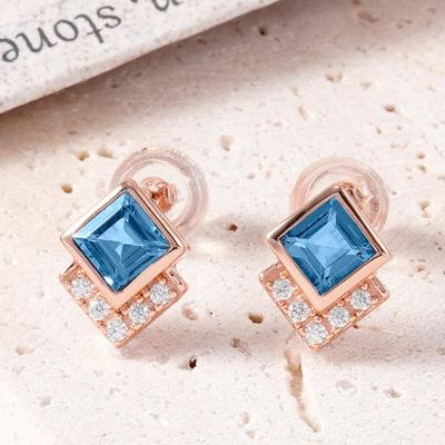 China Trendy Fashion Jewelry Rose Gold Plated Square Cut Natural Topaz Gemstone Stud Earrings 925 Sterling Silver For Women for sale