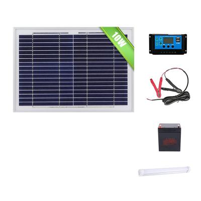 China Home Cheap mini solar wholesale 10W 12V Poly Panel with 10A  PWM Solar Charge Controller + Cable + Battery + LED Tube for Africa for sale