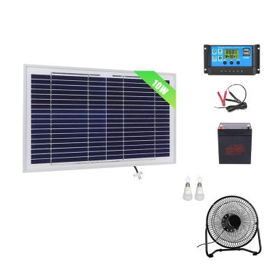 China Home Off grid mini solar wholesale 10W 12V Poly Panel with 10A  PWM Solar Charge Controller + Cable + Battery + LED Bulb + Fan for Ho for sale