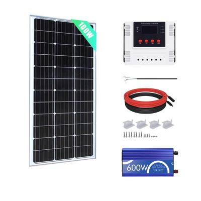 China Home 100W 12V outdoor power system Mono Solar Panel with 30A Wi-Fi PWM Solar Charge Controller + 600W Inverter for sale