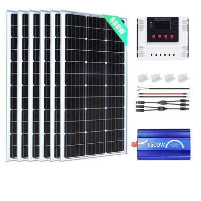 China Home 600W 24V outdoor power system Mono Solar Panel with 60A Wi-Fi PWM Solar Charge Controller + 1500W Inverter for sale