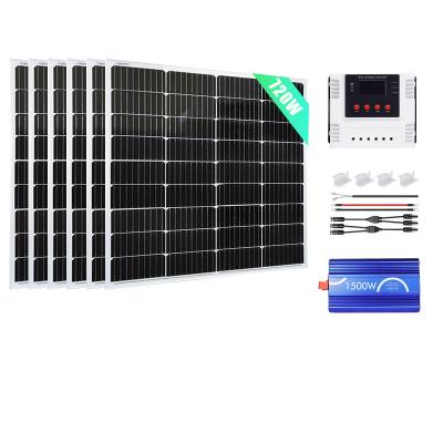 China Home Customized Solar Panel System producer 720W 24V Half Cut Mono Panel with 60A  PWM wifi Charge Controller + Inverter for Home for sale