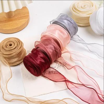 China Colorful Organza Ribbon Roll Decorating Gift Warp Glitter Wire Silk Ribbon For Flower Gifts Packing DIY Accessories en venta