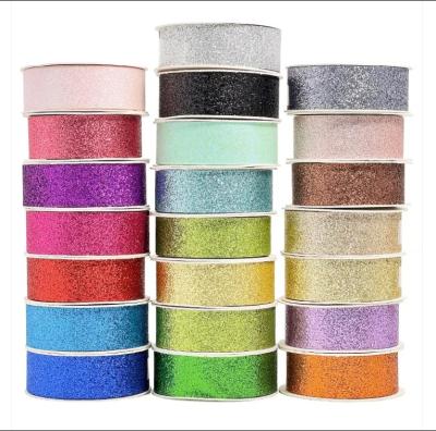 China Christmas Polyester Sparkle Green Glitter Ribbon For Gift Wrapping with Customized Color for sale