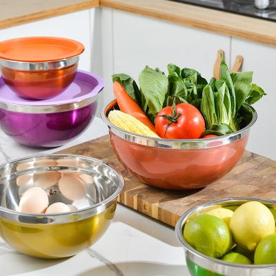 China 5pcs Sustainable Colored Epoxy Resin Coating Stainless Steel Salad Bowl For Mixing With Lid for sale