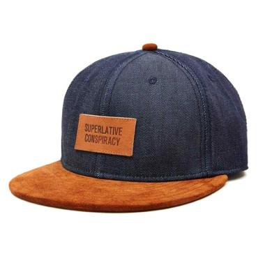 China breathable & Waterproof Custom 100% Cotton Denim Flat Brim 6 Panel Snapback Hat With Leather Patch for sale