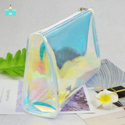 China Women Trendy Waterproof Transparent Holographic Custom Zipper Storage Travel Fashion Clear Cosmetic Bag PVC for sale