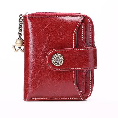 China Ladies 2021 New Wax Oil Leather Wallet Fashion High Quality Zippered Leather Ladies Anti-theft Small Wallet Short Customize Purse for sale