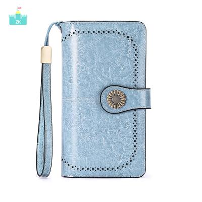 China Retro Women's Leather Wallet Retro Long Waxed Leather Wallet Multi Functional Female Wallets Anti-theft Card for sale