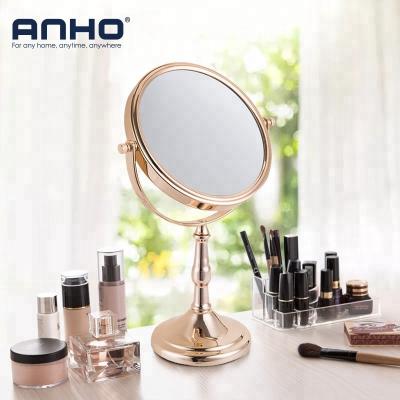 China ANHO Gold Bilateral 1X/7X 2-Side Desktop Hot Selling Round Shape Makeup Mirror for sale