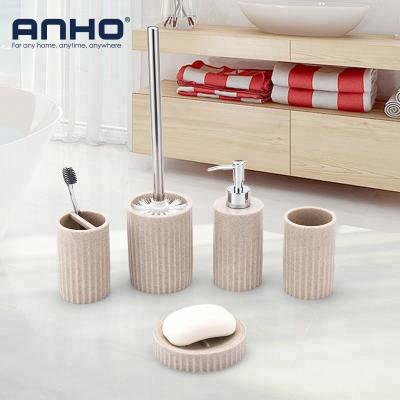 China Sustainable Anho Polyresin 5pcs/Set Toilet And Bathroom Set With Soap Dispenser Toilet Brush Holder for sale