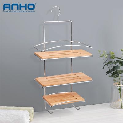 China Three-Layer Iron Wire Rack Kitchen Sustainable Wall Hanging Bamboo Bathroom Stainless Steel Storage Rack With Hooks for sale