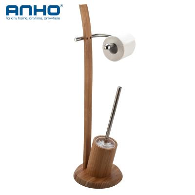 China Bathroom Modern Bamboo Stainless Steel Hand Standing Toilet Brush Holder With Holder Roll Paper Holder for sale